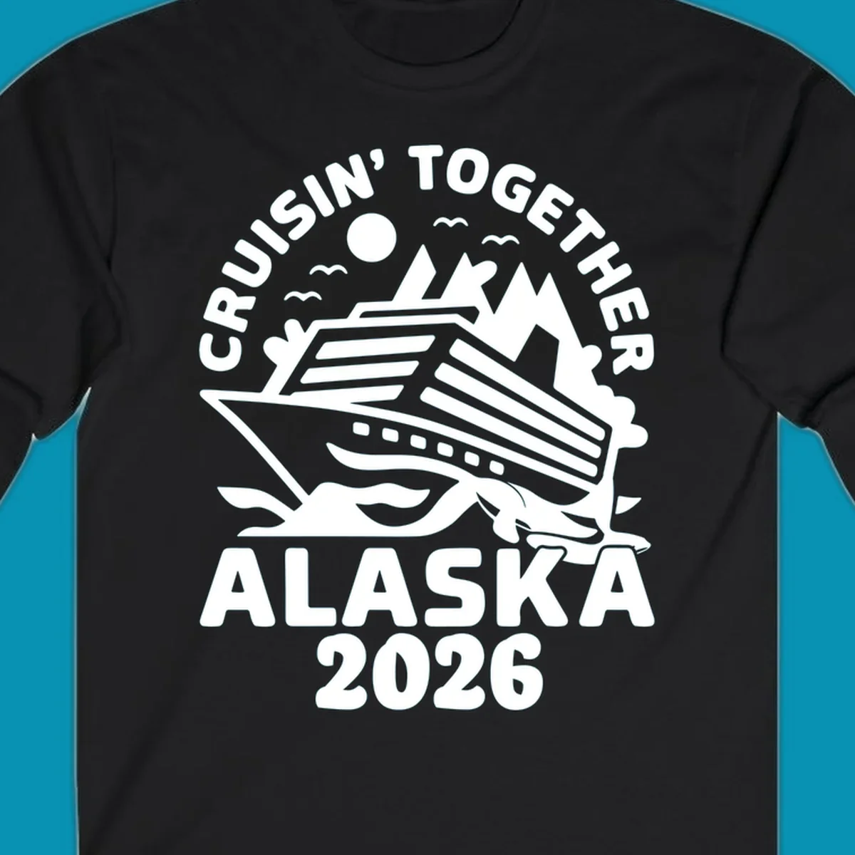 A white illustration of a cruise ship and mountains for the cruisin-together-mountain-ship concept.