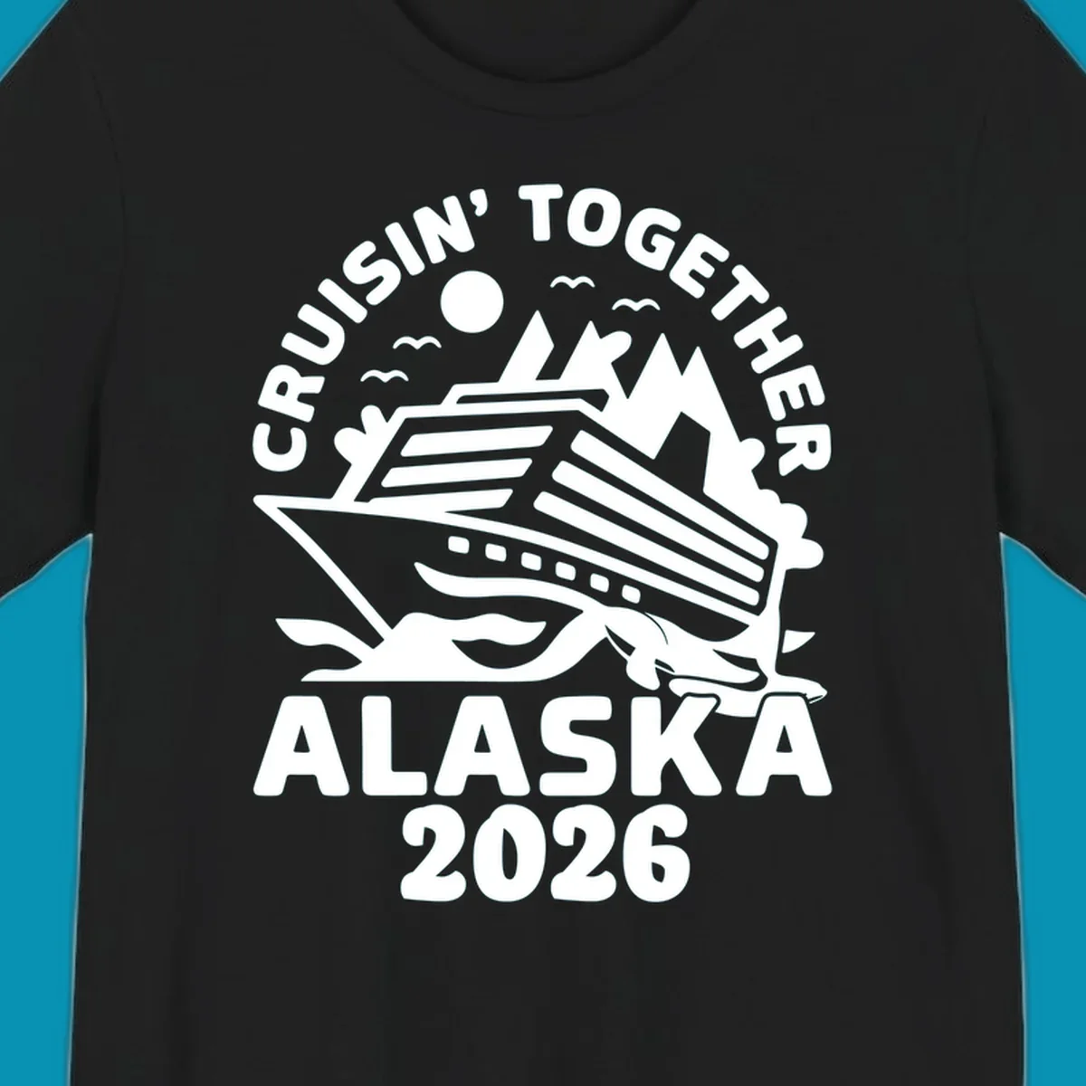 A white illustration of a cruise ship and mountains for the cruisin-together-mountain-ship concept.