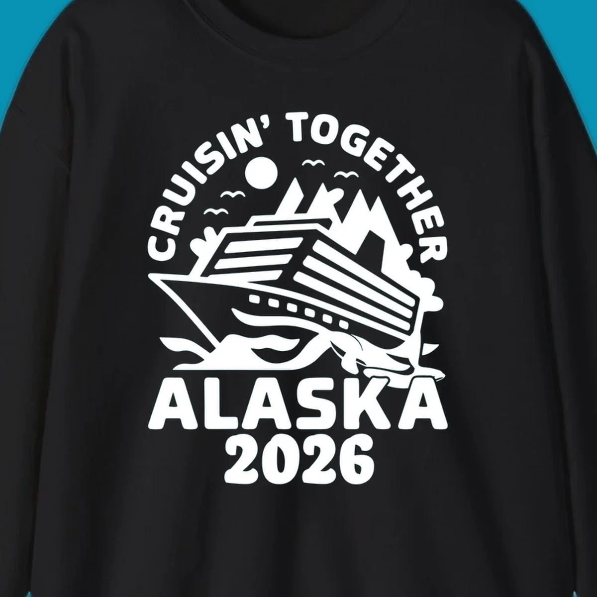 A white illustration of a cruise ship and mountains for the cruisin-together-mountain-ship concept.