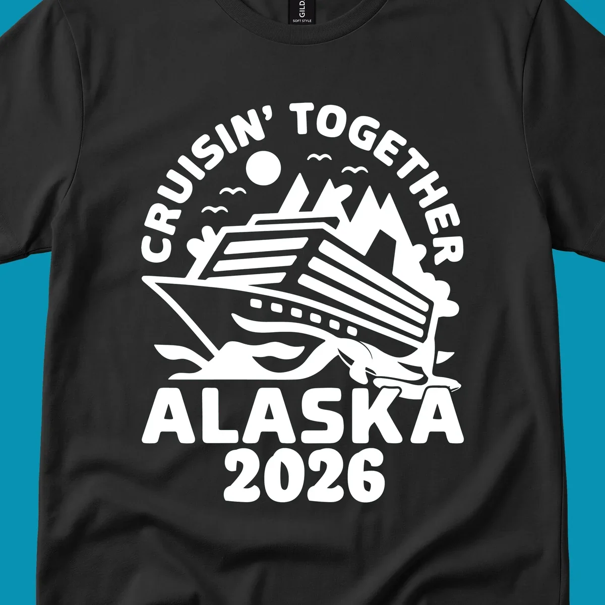 A white illustration of a cruise ship and mountains for the cruisin-together-mountain-ship concept.