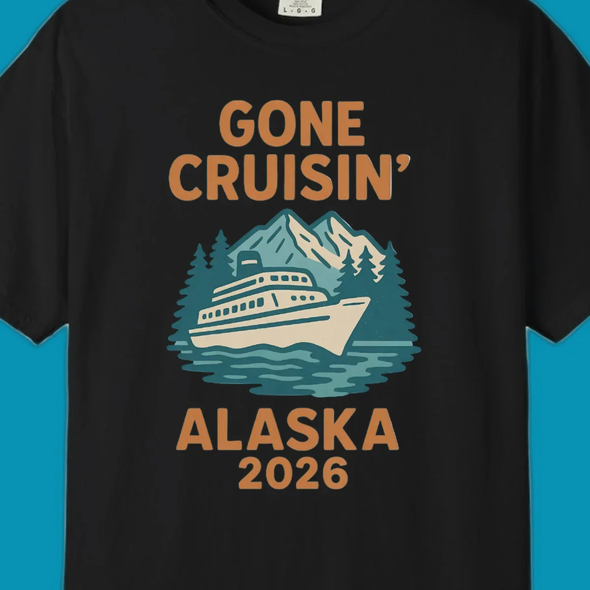 Illustration of a cruise ship against a backdrop of mountains and trees with the text gone-cruisin-mountain-ship.