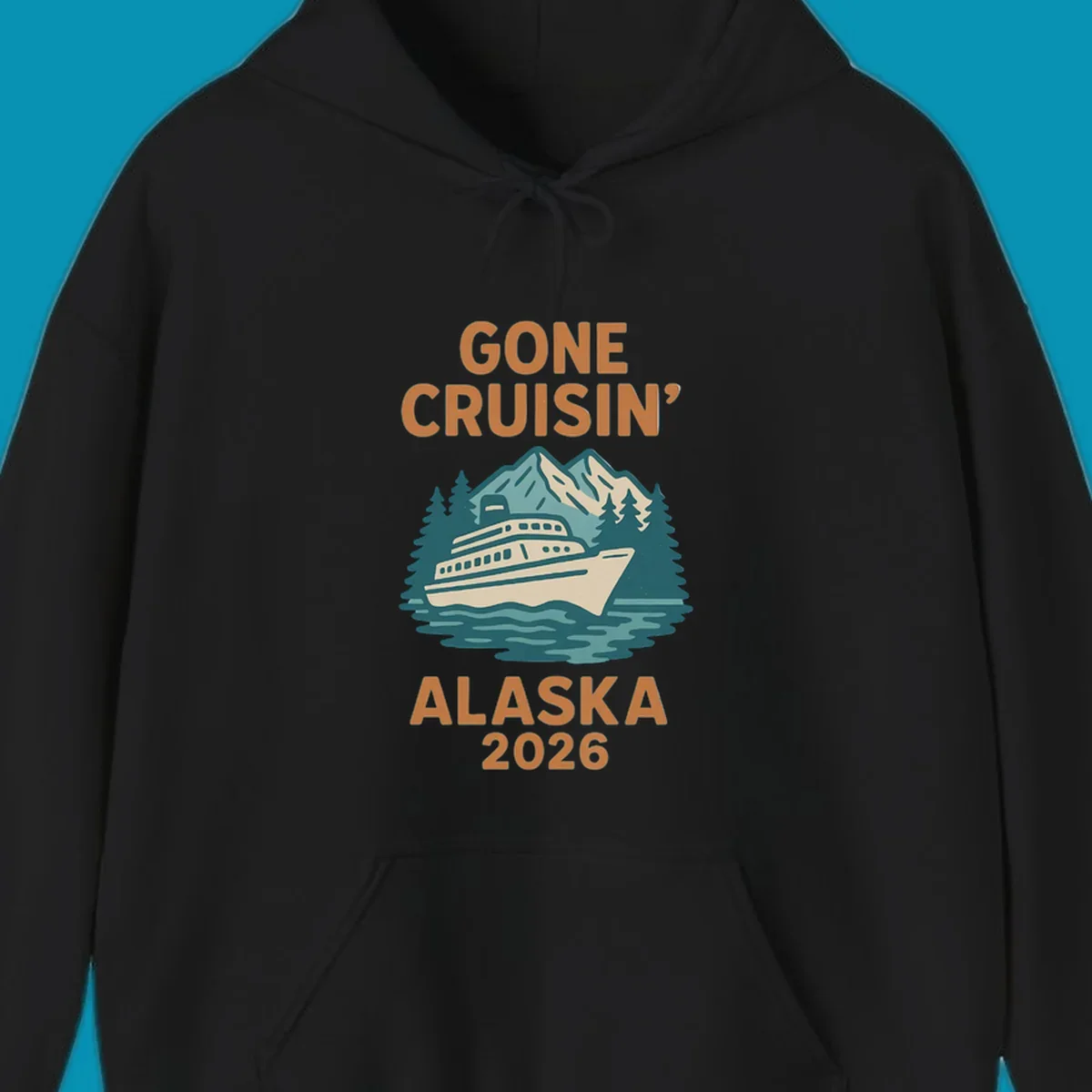 Illustration of a cruise ship against a backdrop of mountains and trees with the text gone-cruisin-mountain-ship.