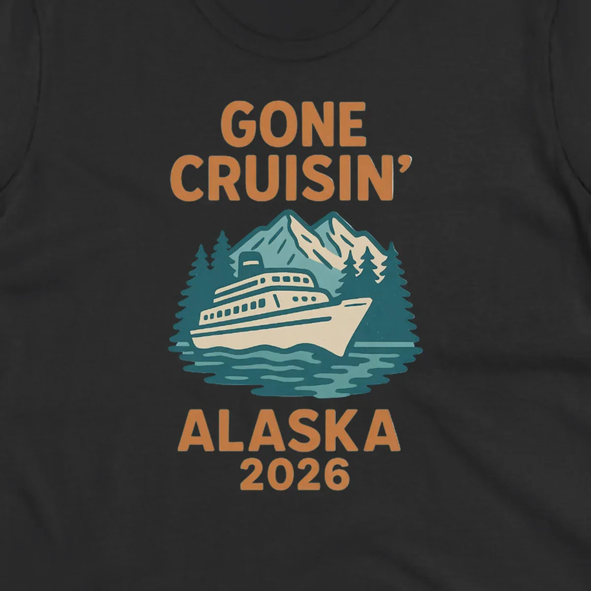 Illustration of a cruise ship against a backdrop of mountains and trees with the text gone-cruisin-mountain-ship.