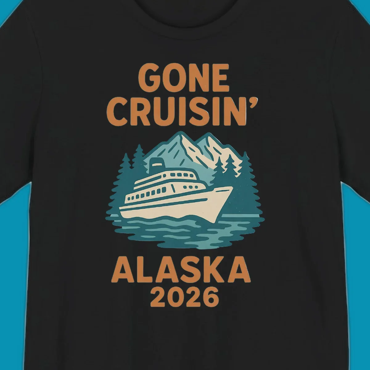 Illustration of a cruise ship against a backdrop of mountains and trees with the text gone-cruisin-mountain-ship.
