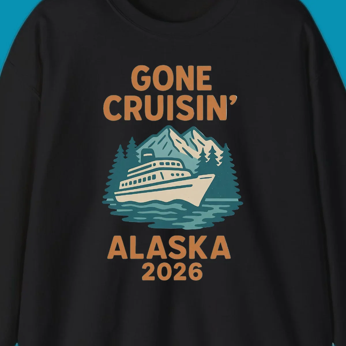 Illustration of a cruise ship against a backdrop of mountains and trees with the text gone-cruisin-mountain-ship.