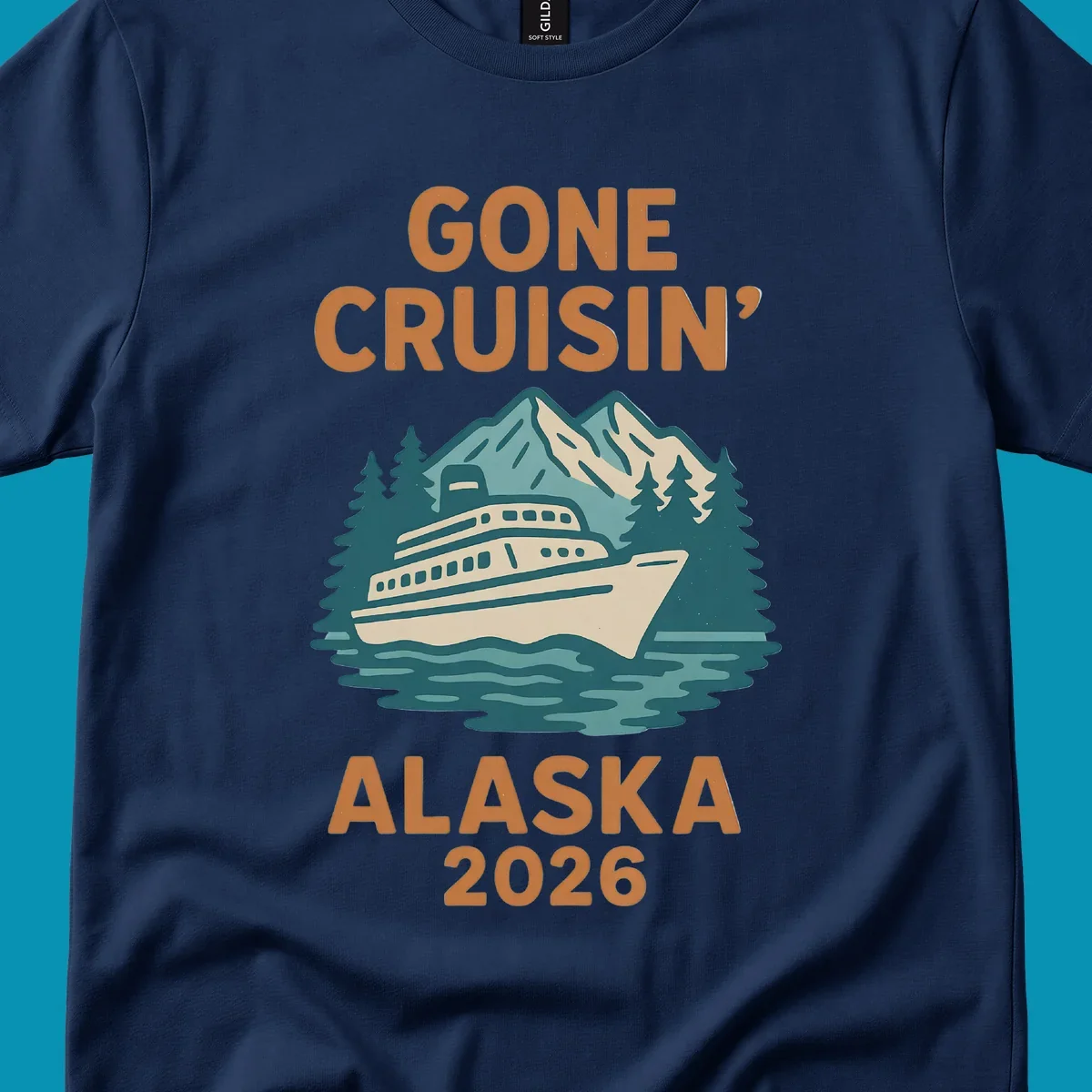 Illustration of a cruise ship against a backdrop of mountains and trees with the text gone-cruisin-mountain-ship.