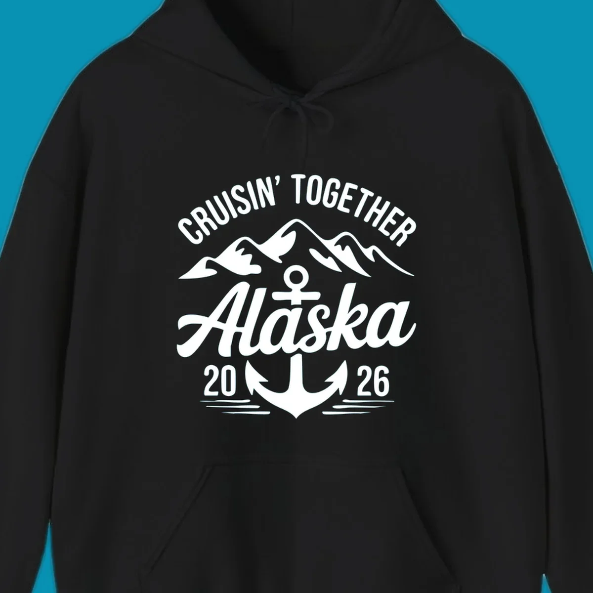 White text 'CRUISIN' TOGETHER ALASKA 2026' with an anchor and waves against a black background, perfect for a cruisin-together-alaska-2026 vacation.