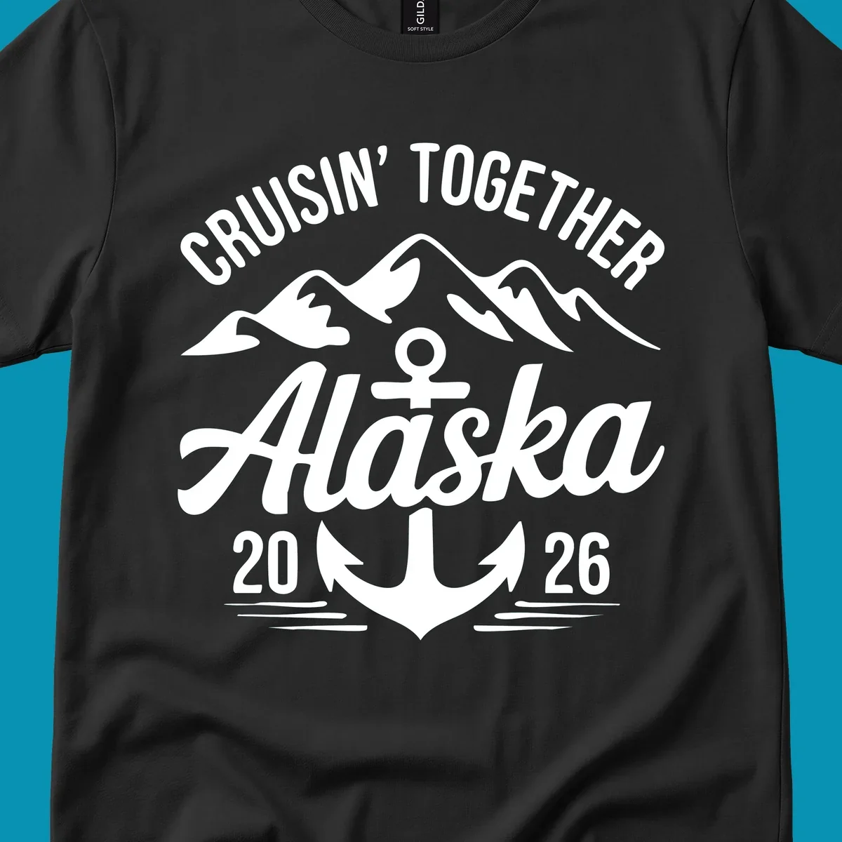 White text 'CRUISIN' TOGETHER ALASKA 2026' with an anchor and waves against a black background, perfect for a cruisin-together-alaska-2026 vacation.