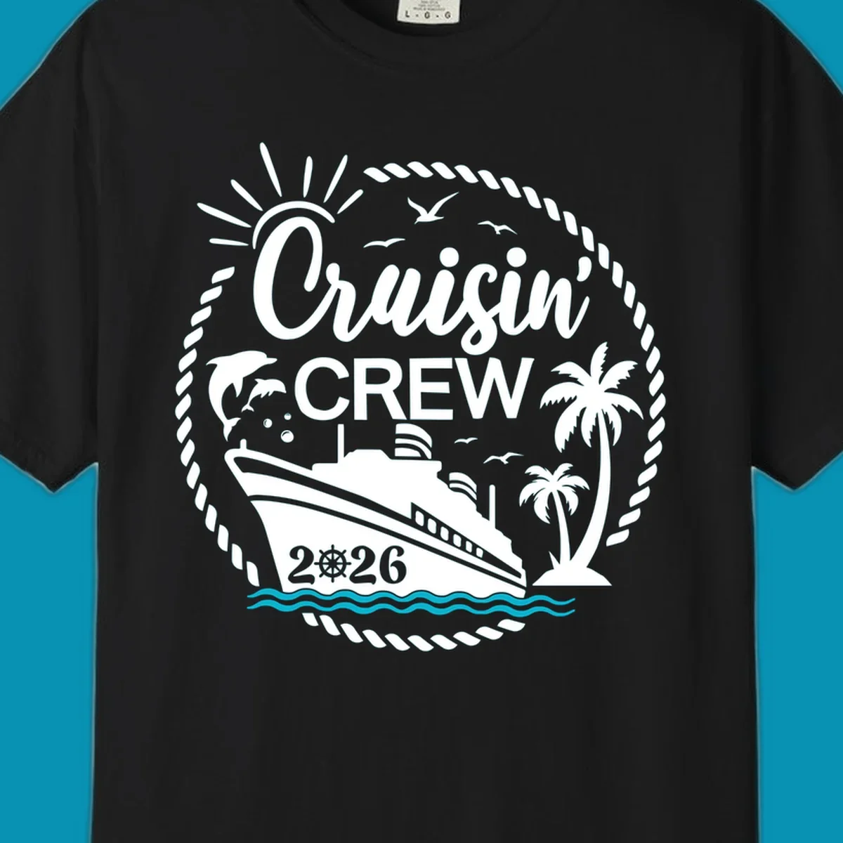 Tropical cruisin crew 2026 design with a cruise ship, palm trees, and dolphins inside a nautical rope circle.