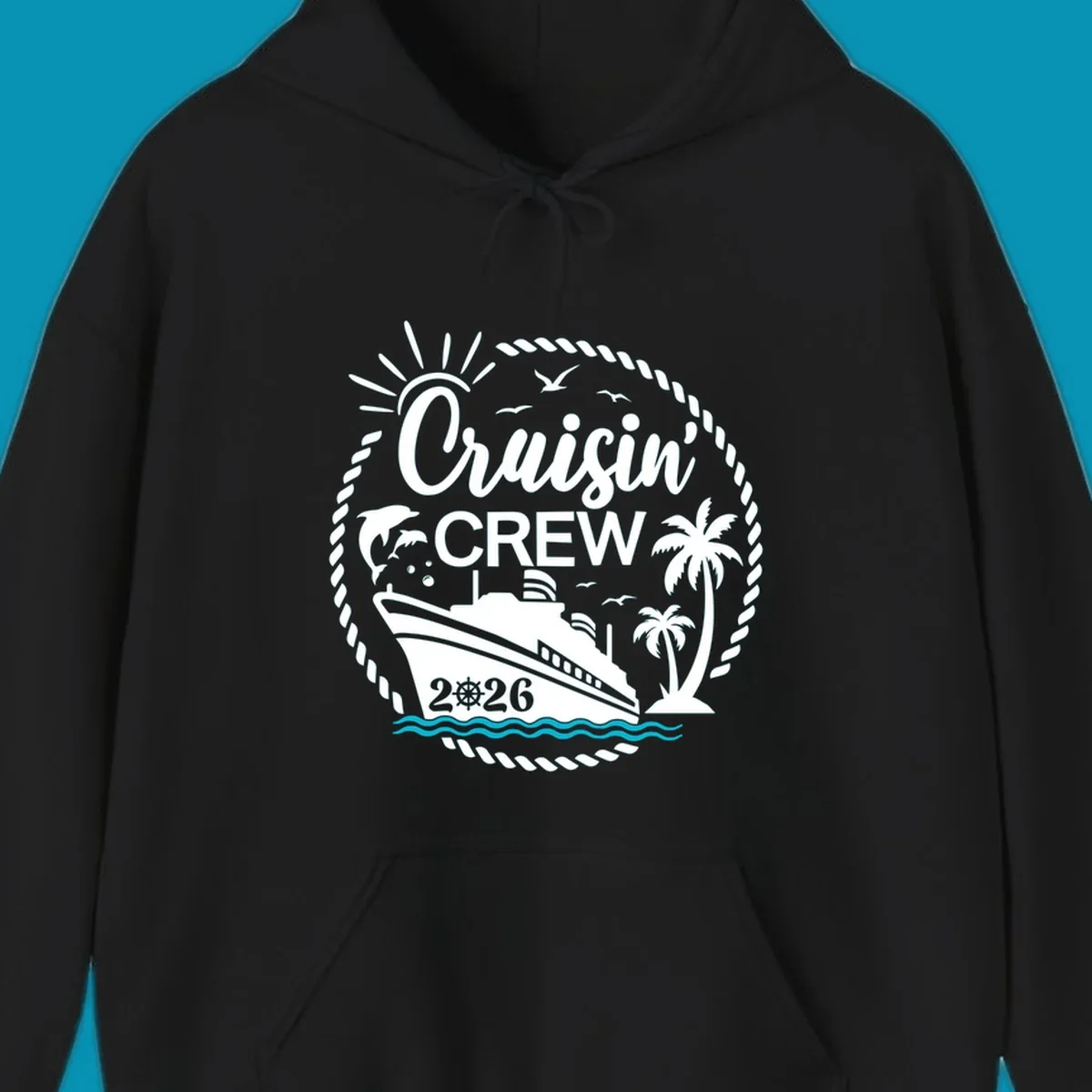 Tropical cruisin crew 2026 design with a cruise ship, palm trees, and dolphins inside a nautical rope circle.