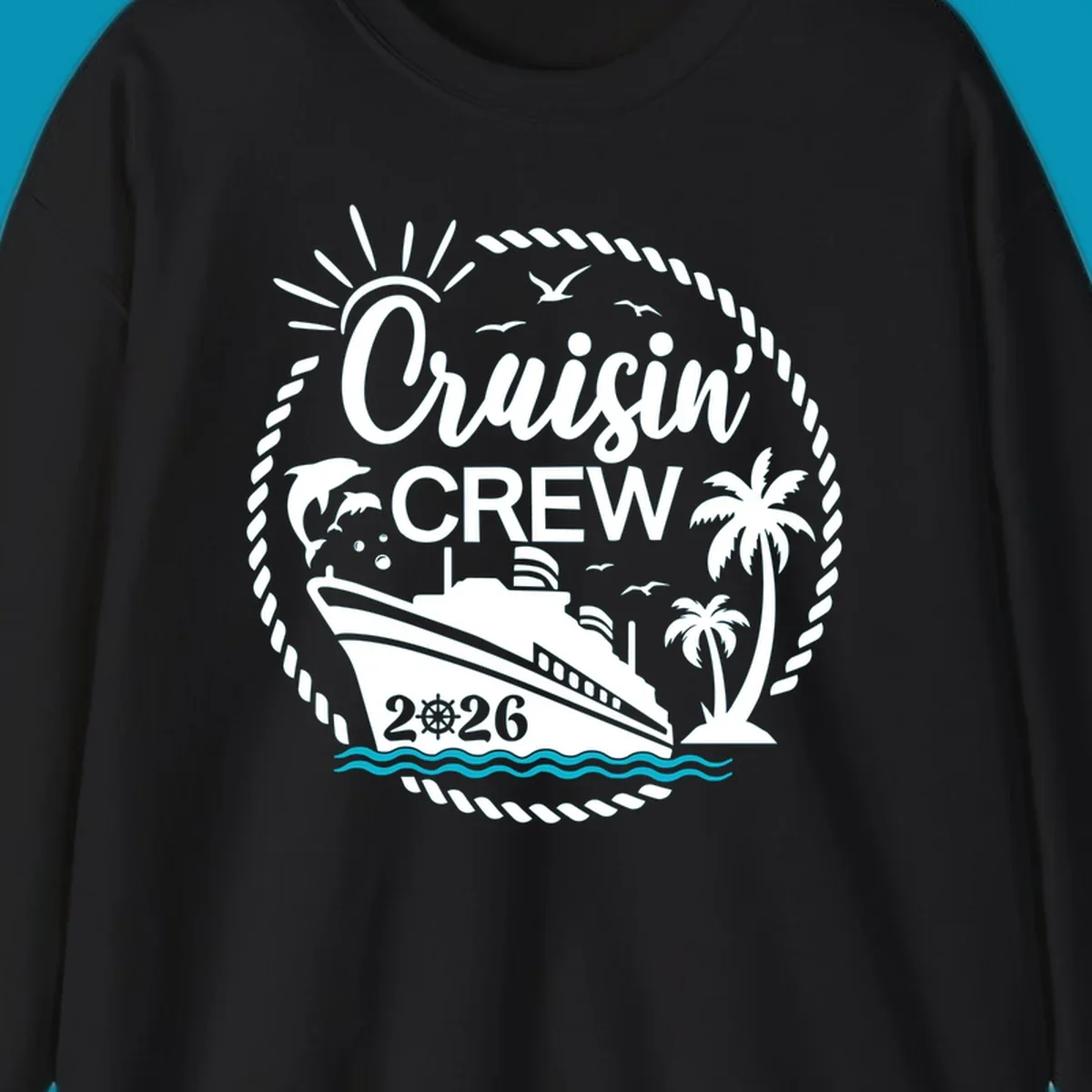 Tropical cruisin crew 2026 design with a cruise ship, palm trees, and dolphins inside a nautical rope circle.