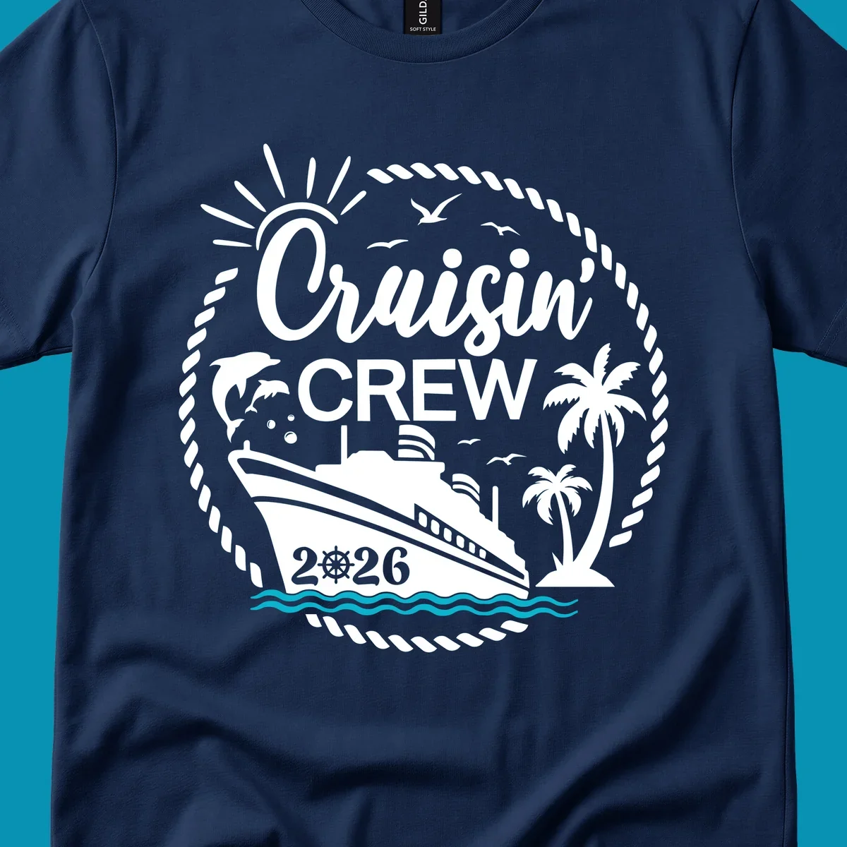 Tropical cruisin crew 2026 design with a cruise ship, palm trees, and dolphins inside a nautical rope circle.