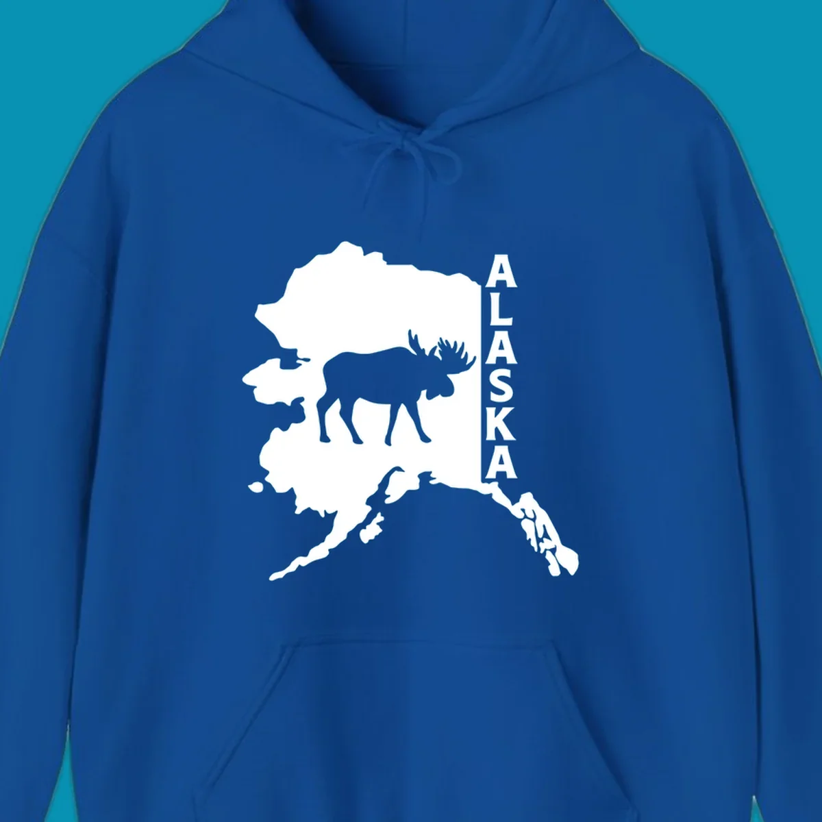 Bold white Alaska state map silhouette featuring a black moose and vertical ALASKA text.