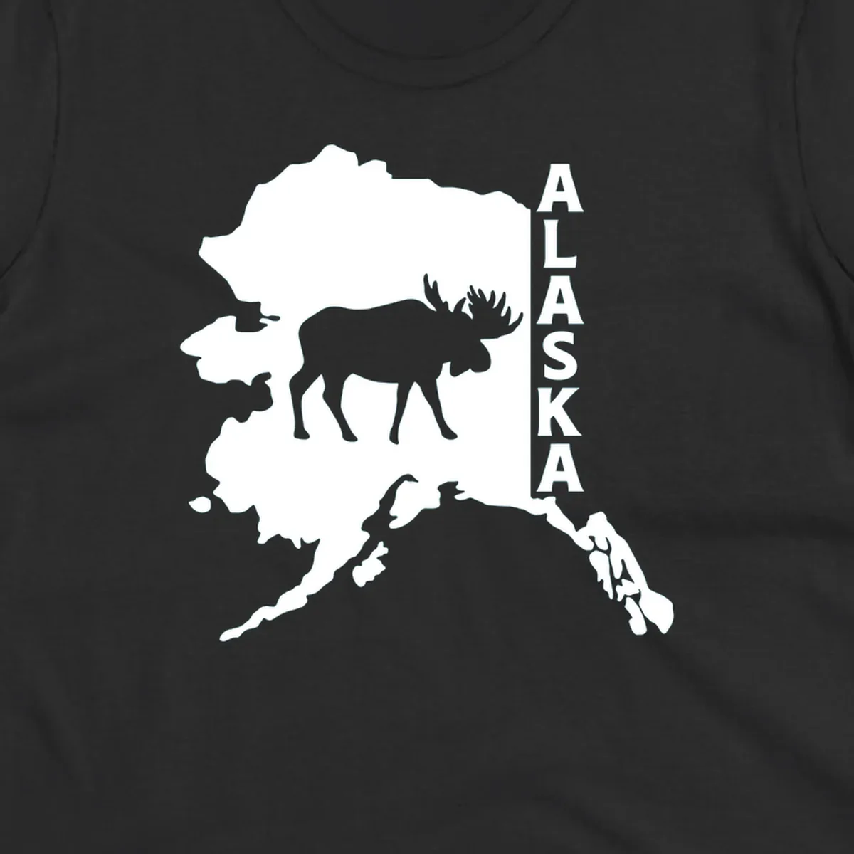 Bold white Alaska state map silhouette featuring a black moose and vertical ALASKA text.