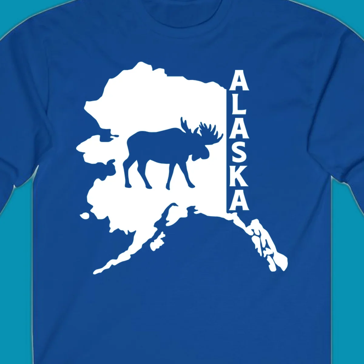 Bold white Alaska state map silhouette featuring a black moose and vertical ALASKA text.
