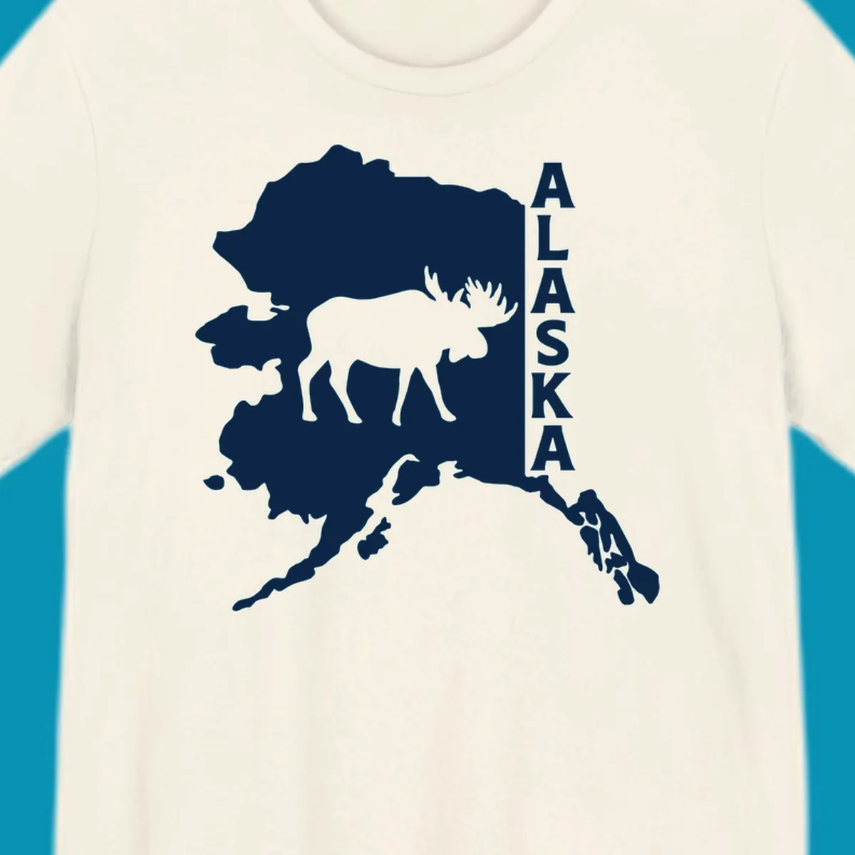 Bold white Alaska state map silhouette featuring a black moose and vertical ALASKA text.