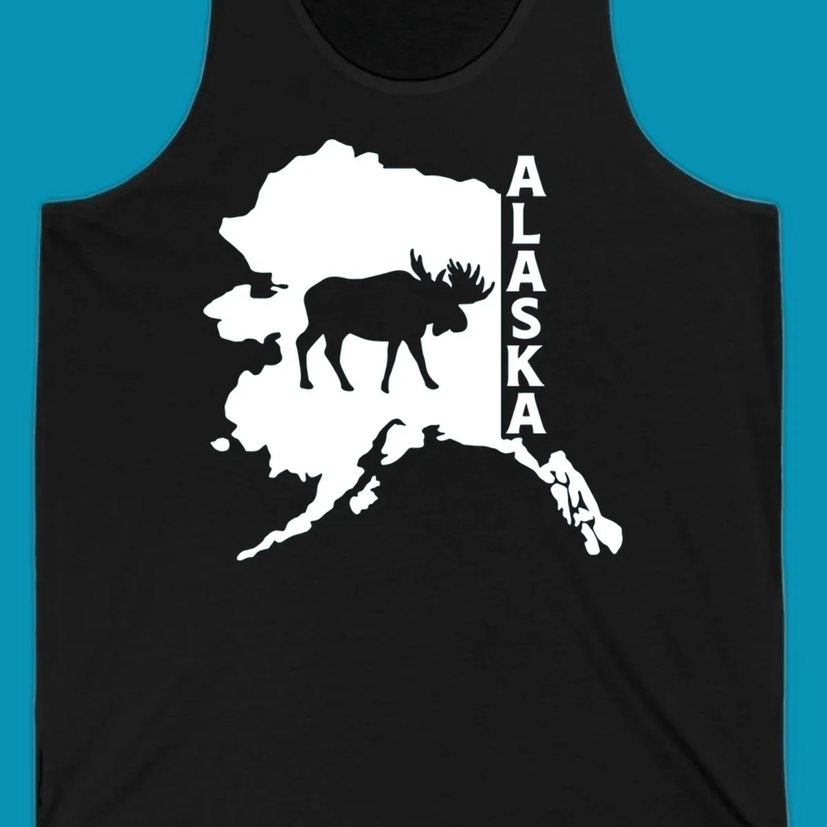 Bold white Alaska state map silhouette featuring a black moose and vertical ALASKA text.