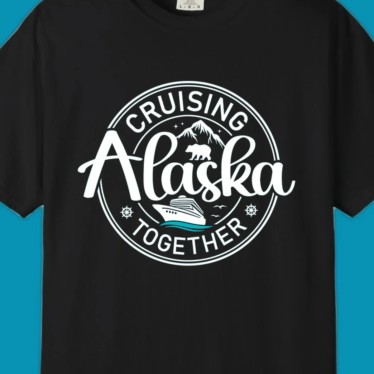 A circular badge design for an Alaska cruise, featuring text 'CRUISIN' ALASKA TOGETHER', mountains, a bear, and a cruise ship with teal waves, all in a badge style.