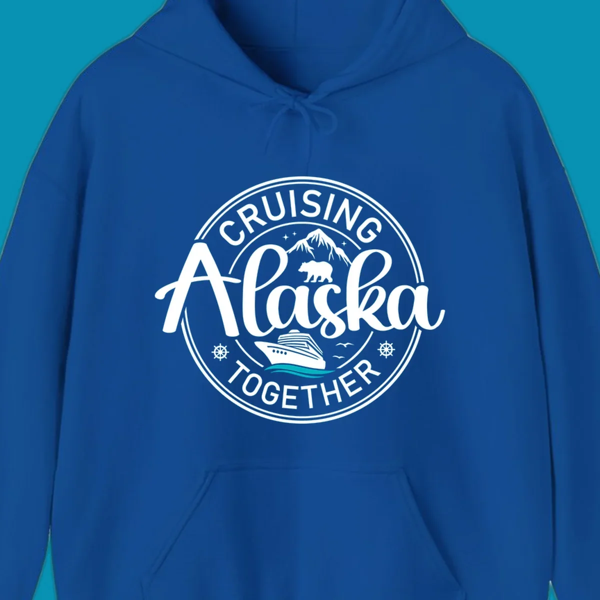 A circular badge design for an Alaska cruise, featuring text 'CRUISIN' ALASKA TOGETHER', mountains, a bear, and a cruise ship with teal waves, all in a badge style.