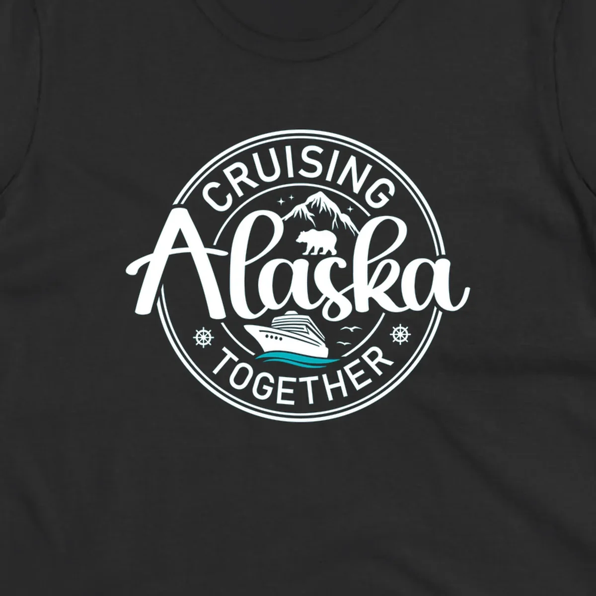 A circular badge design for an Alaska cruise, featuring text 'CRUISIN' ALASKA TOGETHER', mountains, a bear, and a cruise ship with teal waves, all in a badge style.