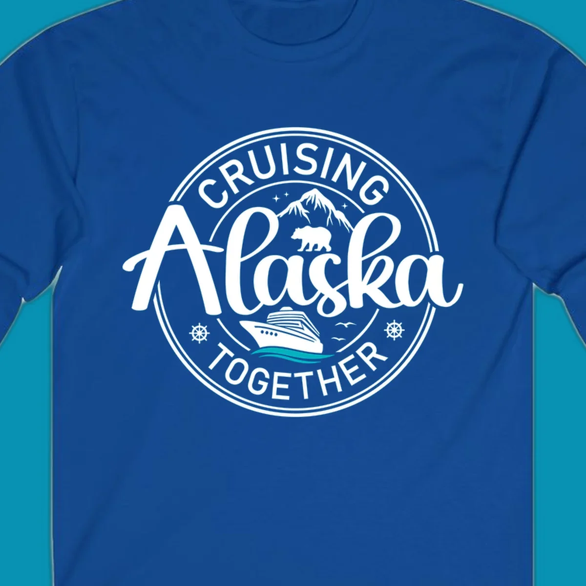 A circular badge design for an Alaska cruise, featuring text 'CRUISIN' ALASKA TOGETHER', mountains, a bear, and a cruise ship with teal waves, all in a badge style.