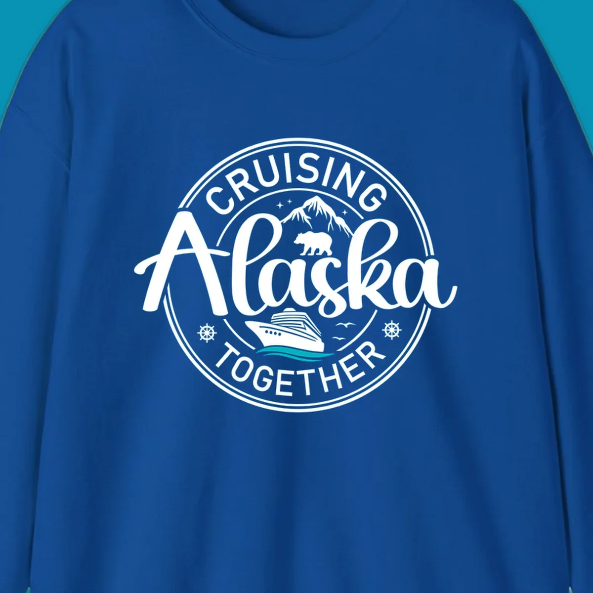 A circular badge design for an Alaska cruise, featuring text 'CRUISIN' ALASKA TOGETHER', mountains, a bear, and a cruise ship with teal waves, all in a badge style.