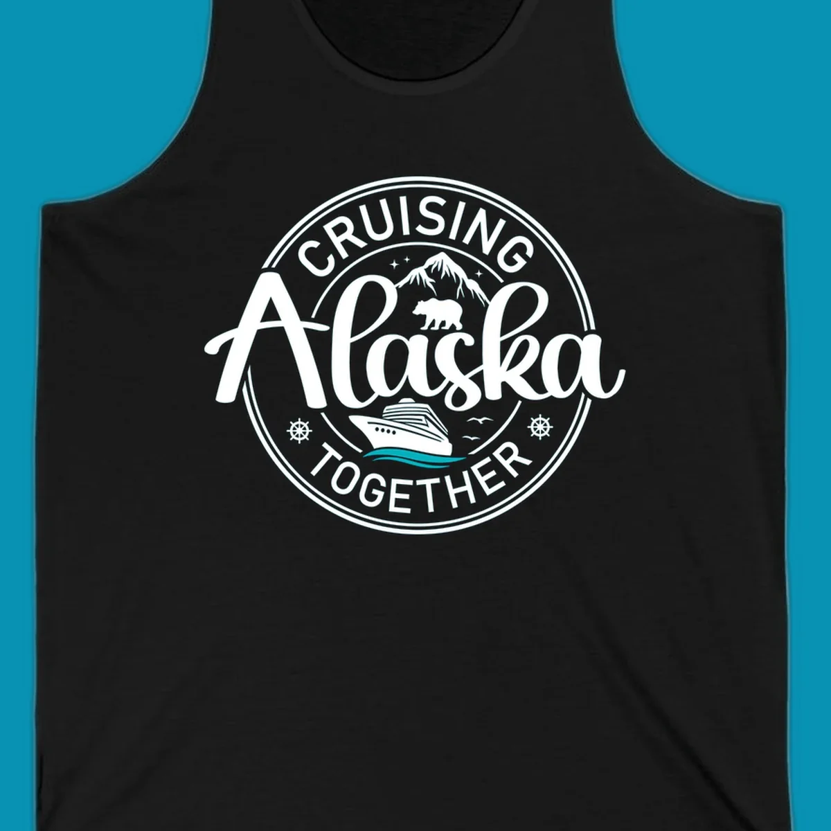A circular badge design for an Alaska cruise, featuring text 'CRUISIN' ALASKA TOGETHER', mountains, a bear, and a cruise ship with teal waves, all in a badge style.