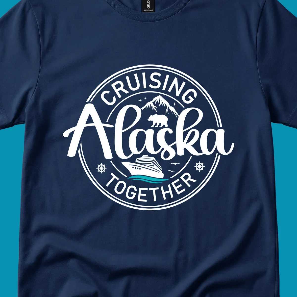A circular badge design for an Alaska cruise, featuring text 'CRUISIN' ALASKA TOGETHER', mountains, a bear, and a cruise ship with teal waves, all in a badge style.