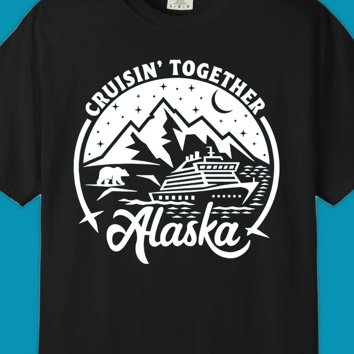 A black and white scenic badge design for an Alaska cruise, featuring text 'CRUISIN' TOGETHER ALASKA 2024', mountains, a bear, and a cruise ship. (cruisin-together-alaska-bear-ship)