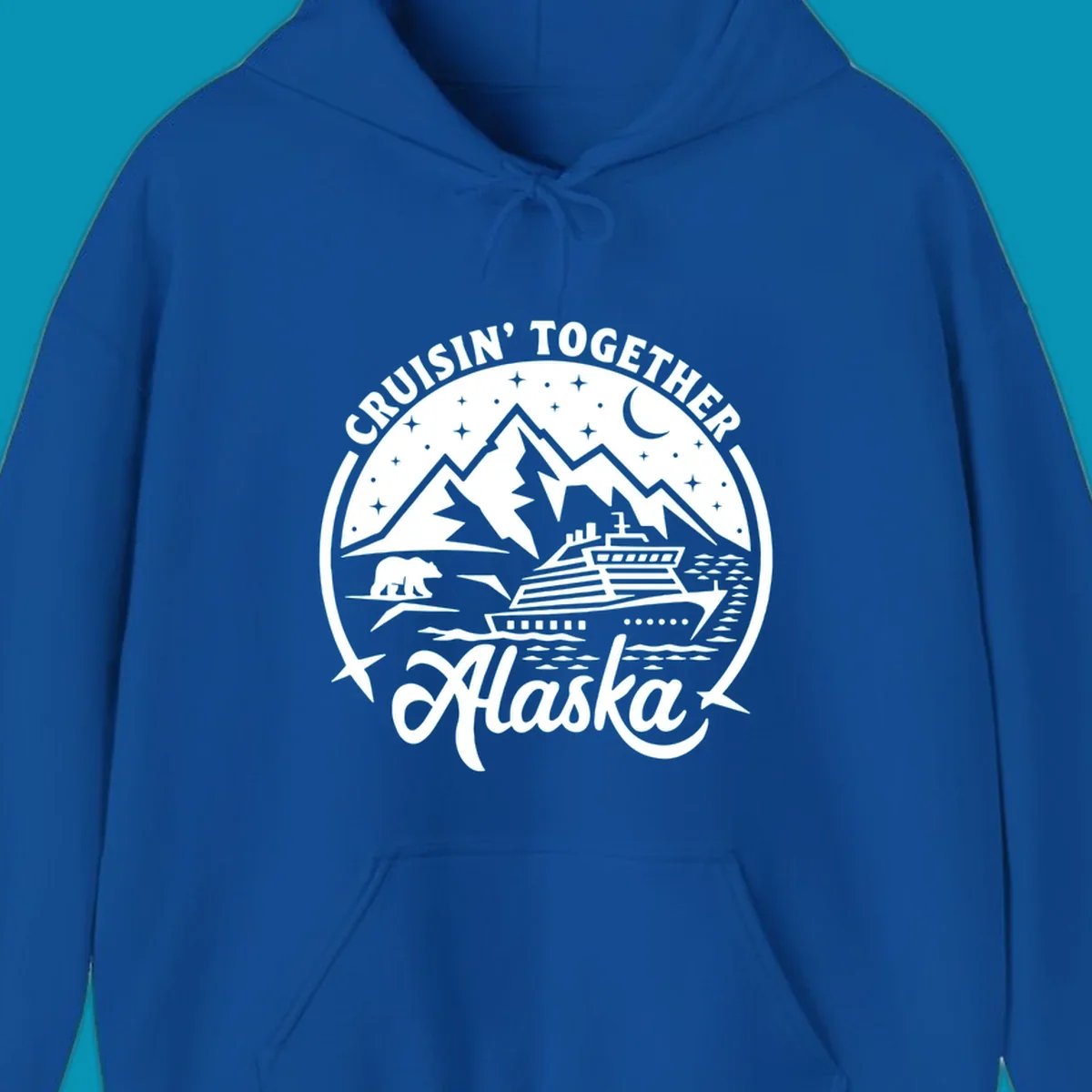A black and white scenic badge design for an Alaska cruise, featuring text 'CRUISIN' TOGETHER ALASKA 2024', mountains, a bear, and a cruise ship. (cruisin-together-alaska-bear-ship)