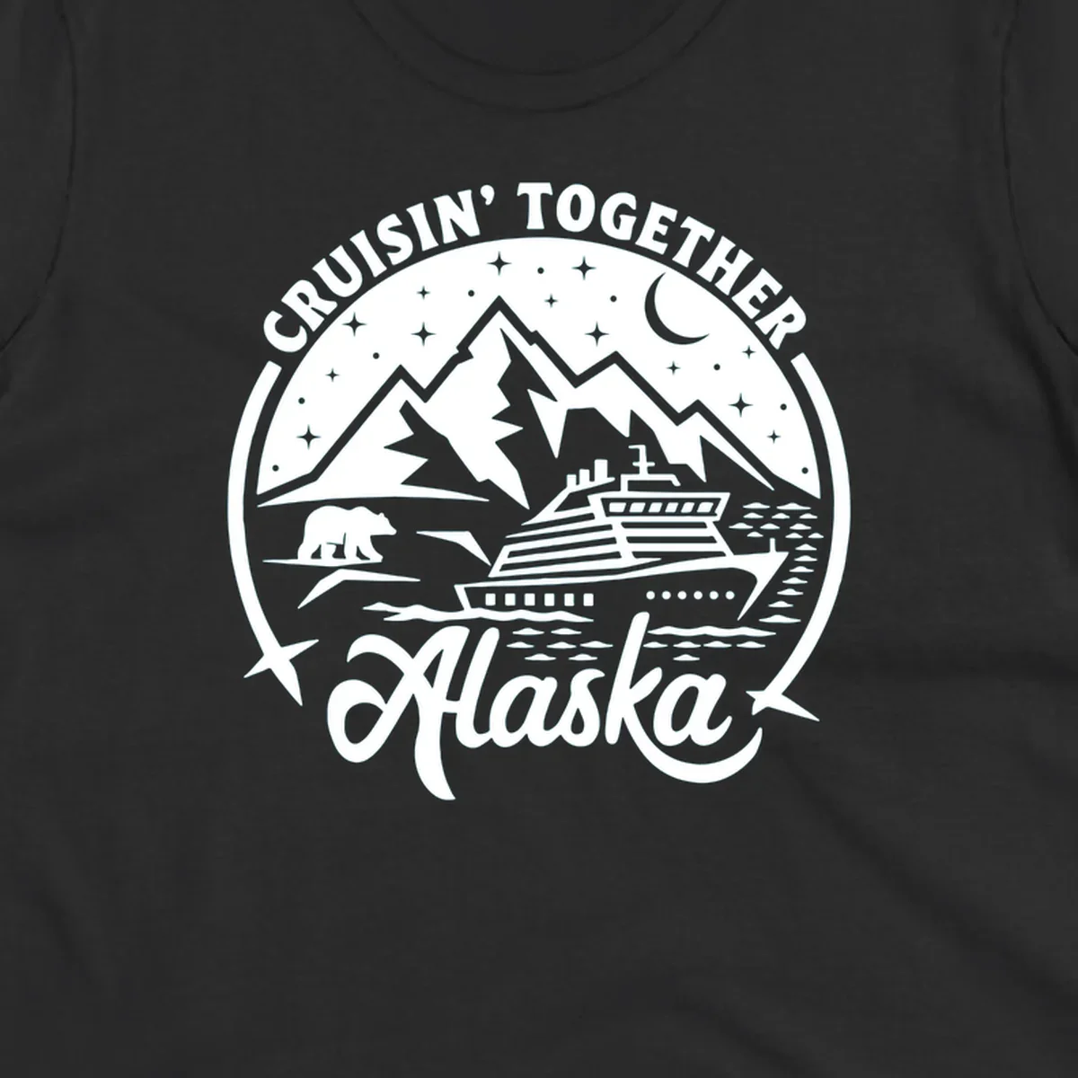 A black and white scenic badge design for an Alaska cruise, featuring text 'CRUISIN' TOGETHER ALASKA 2024', mountains, a bear, and a cruise ship. (cruisin-together-alaska-bear-ship)