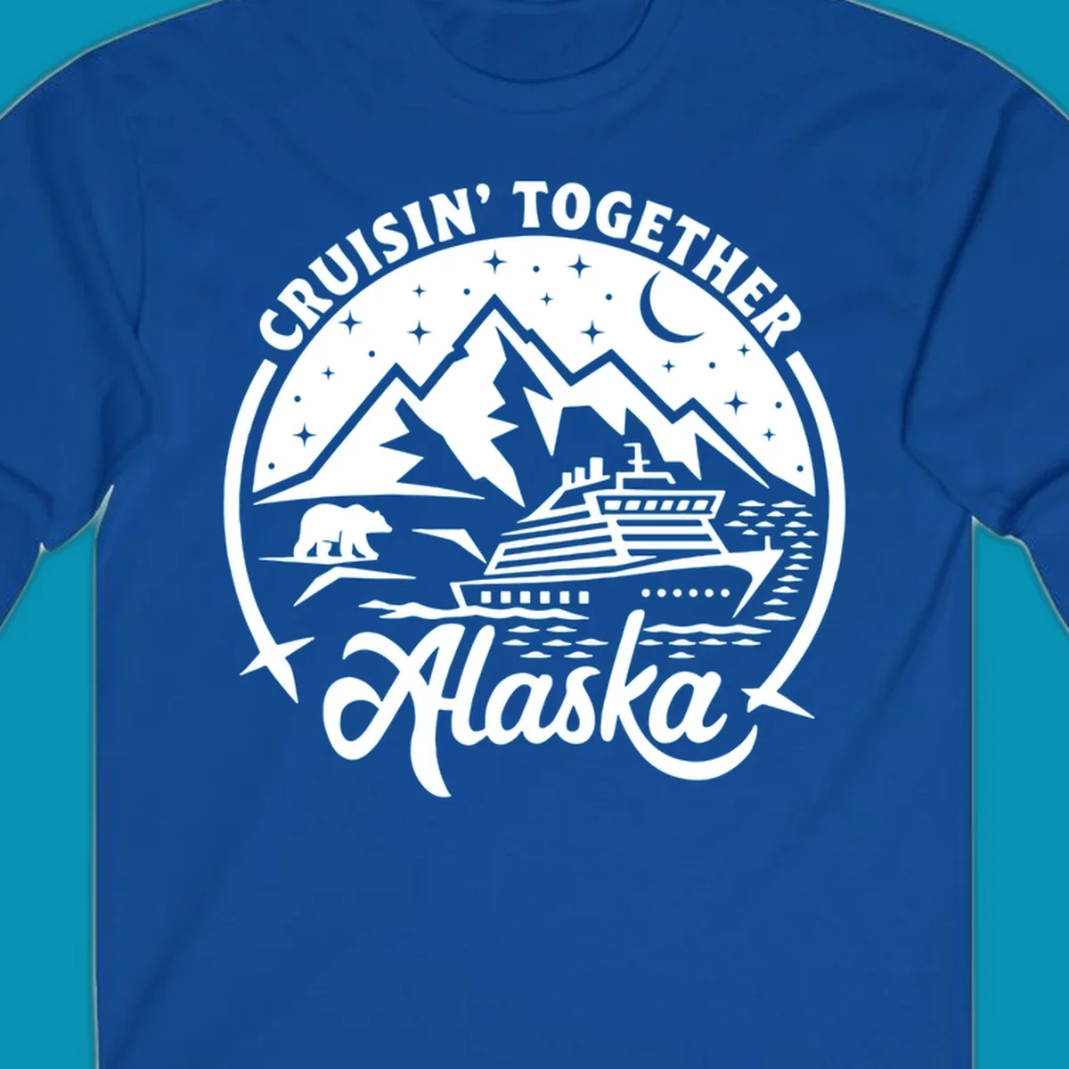 A black and white scenic badge design for an Alaska cruise, featuring text 'CRUISIN' TOGETHER ALASKA 2024', mountains, a bear, and a cruise ship. (cruisin-together-alaska-bear-ship)