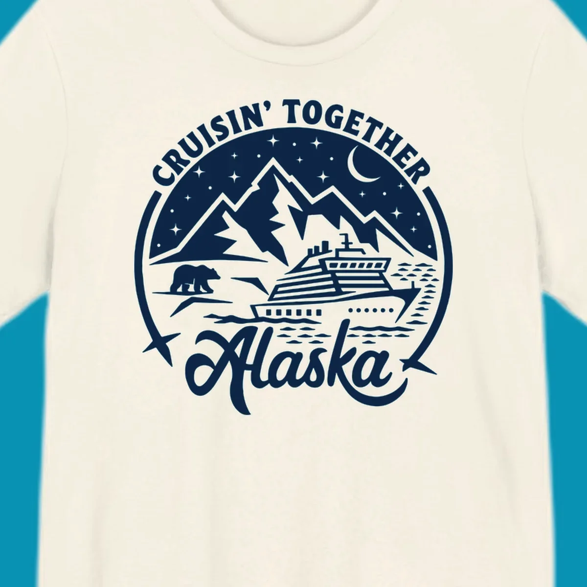 A black and white scenic badge design for an Alaska cruise, featuring text 'CRUISIN' TOGETHER ALASKA 2024', mountains, a bear, and a cruise ship. (cruisin-together-alaska-bear-ship)