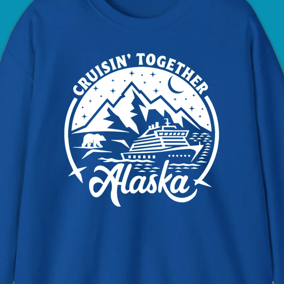 A black and white scenic badge design for an Alaska cruise, featuring text 'CRUISIN' TOGETHER ALASKA 2024', mountains, a bear, and a cruise ship. (cruisin-together-alaska-bear-ship)