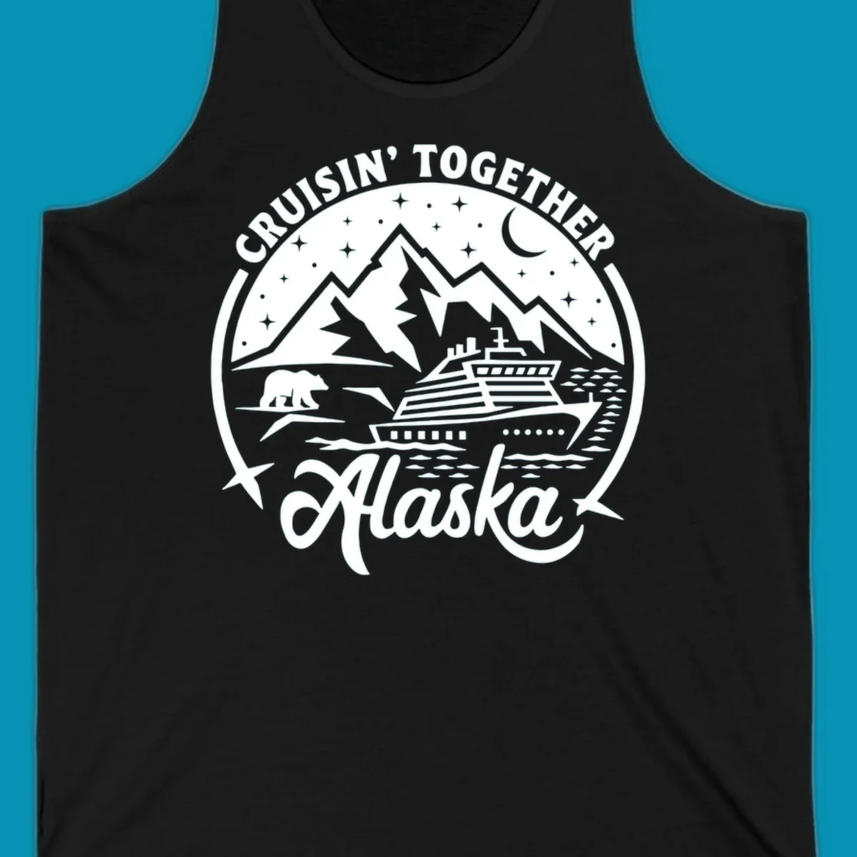 A black and white scenic badge design for an Alaska cruise, featuring text 'CRUISIN' TOGETHER ALASKA 2024', mountains, a bear, and a cruise ship. (cruisin-together-alaska-bear-ship)