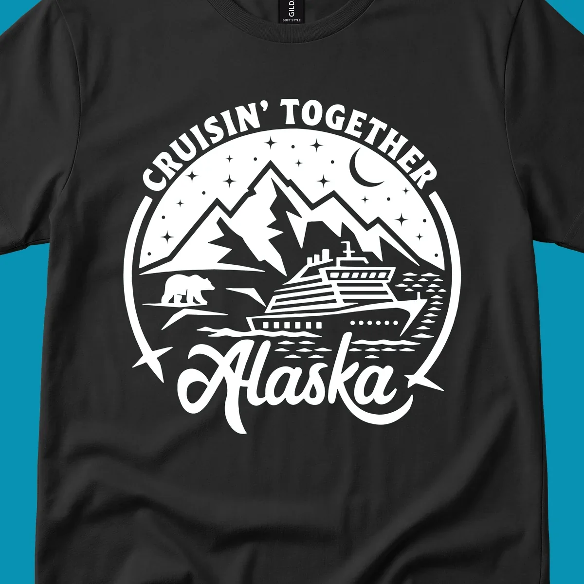 A black and white scenic badge design for an Alaska cruise, featuring text 'CRUISIN' TOGETHER ALASKA 2024', mountains, a bear, and a cruise ship. (cruisin-together-alaska-bear-ship)