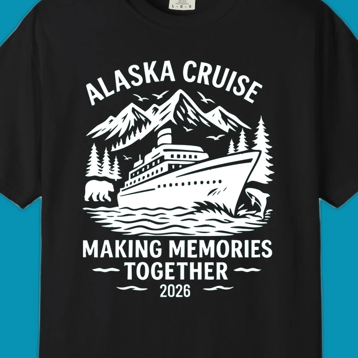 Illustration for an alaska-cruise-memories-together-2026 design featuring a cruise ship, mountains, trees, bear, dolphin, and birds.