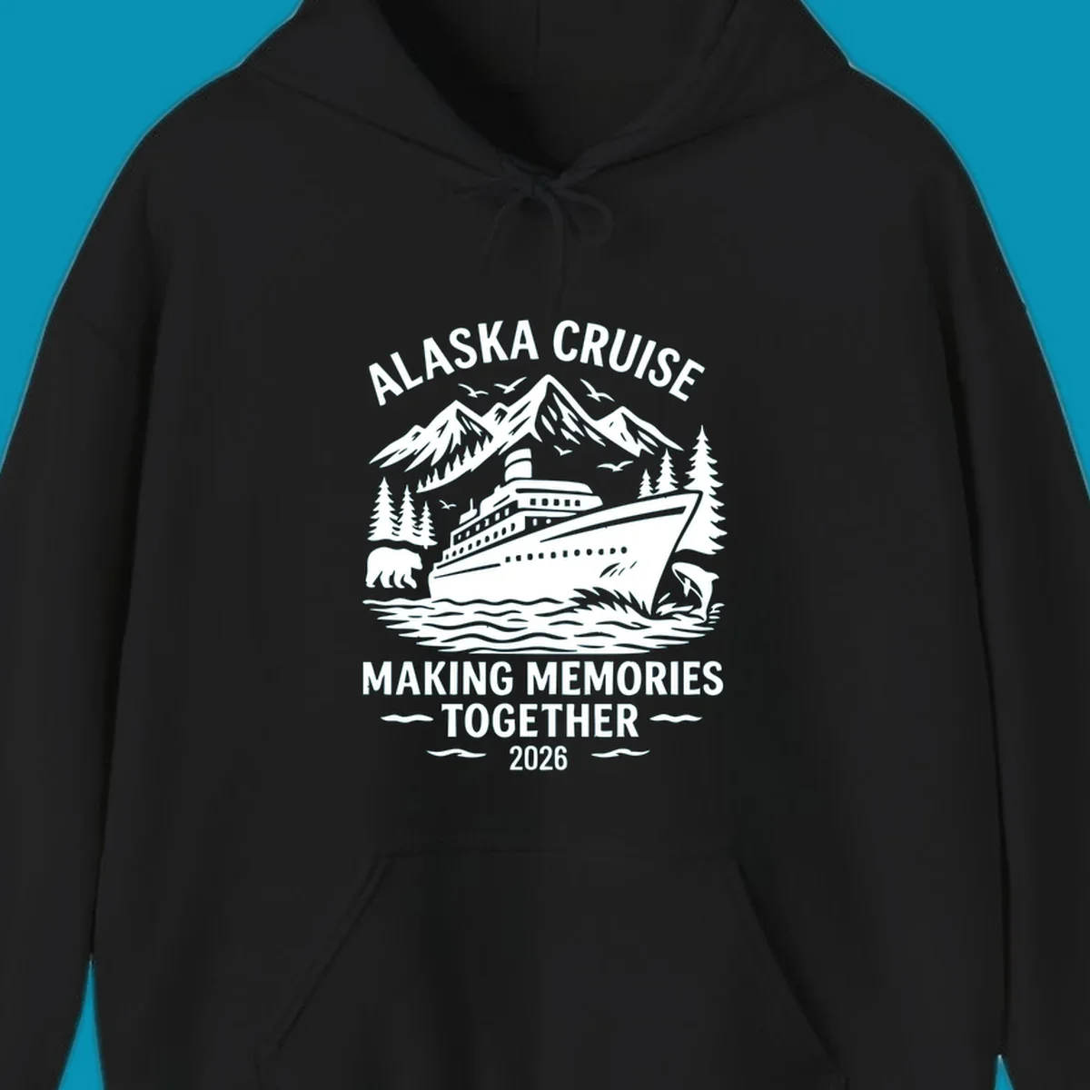 Illustration for an alaska-cruise-memories-together-2026 design featuring a cruise ship, mountains, trees, bear, dolphin, and birds.