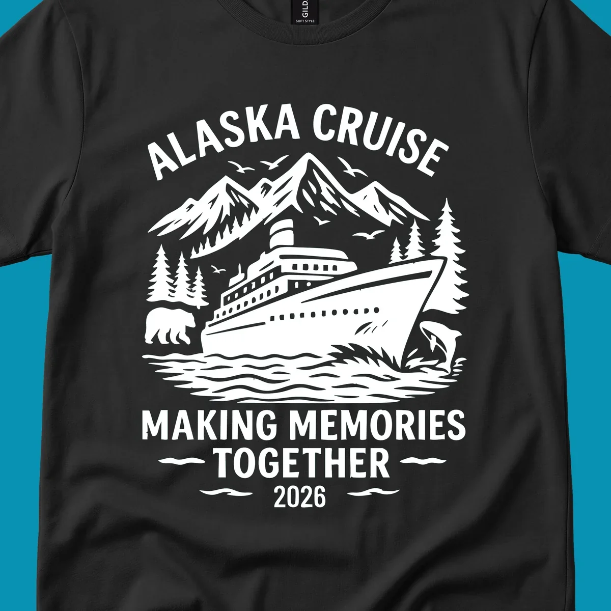 Illustration for an alaska-cruise-memories-together-2026 design featuring a cruise ship, mountains, trees, bear, dolphin, and birds.