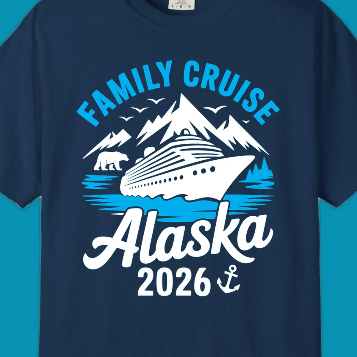 Family cruise Alaska scenic design with blue mountains, evergreen trees, and ocean waves framing the text