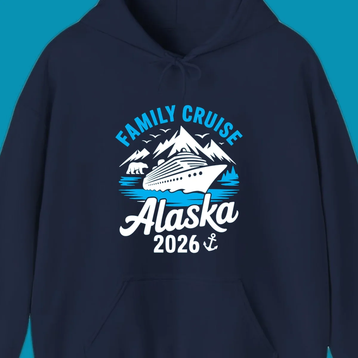 Family cruise Alaska scenic design with blue mountains, evergreen trees, and ocean waves framing the text