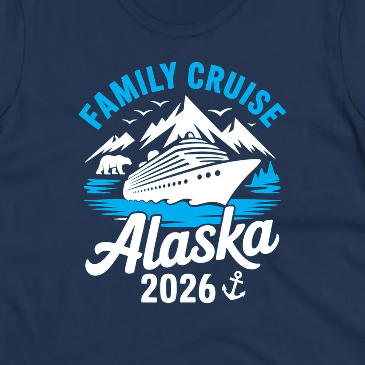 Family cruise Alaska scenic design with blue mountains, evergreen trees, and ocean waves framing the text