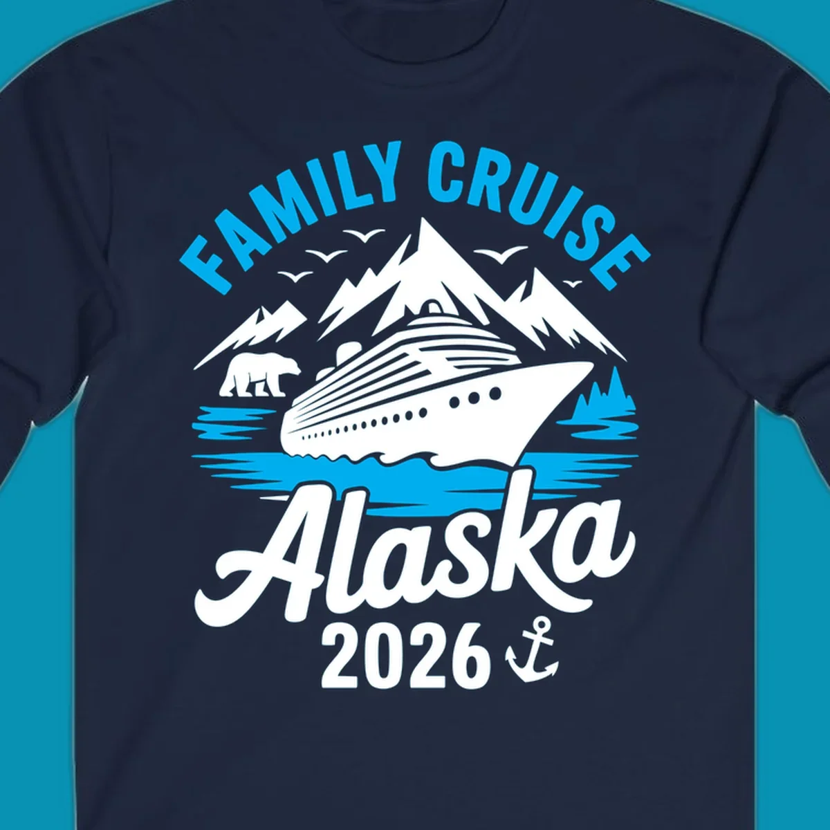 Family cruise Alaska scenic design with blue mountains, evergreen trees, and ocean waves framing the text