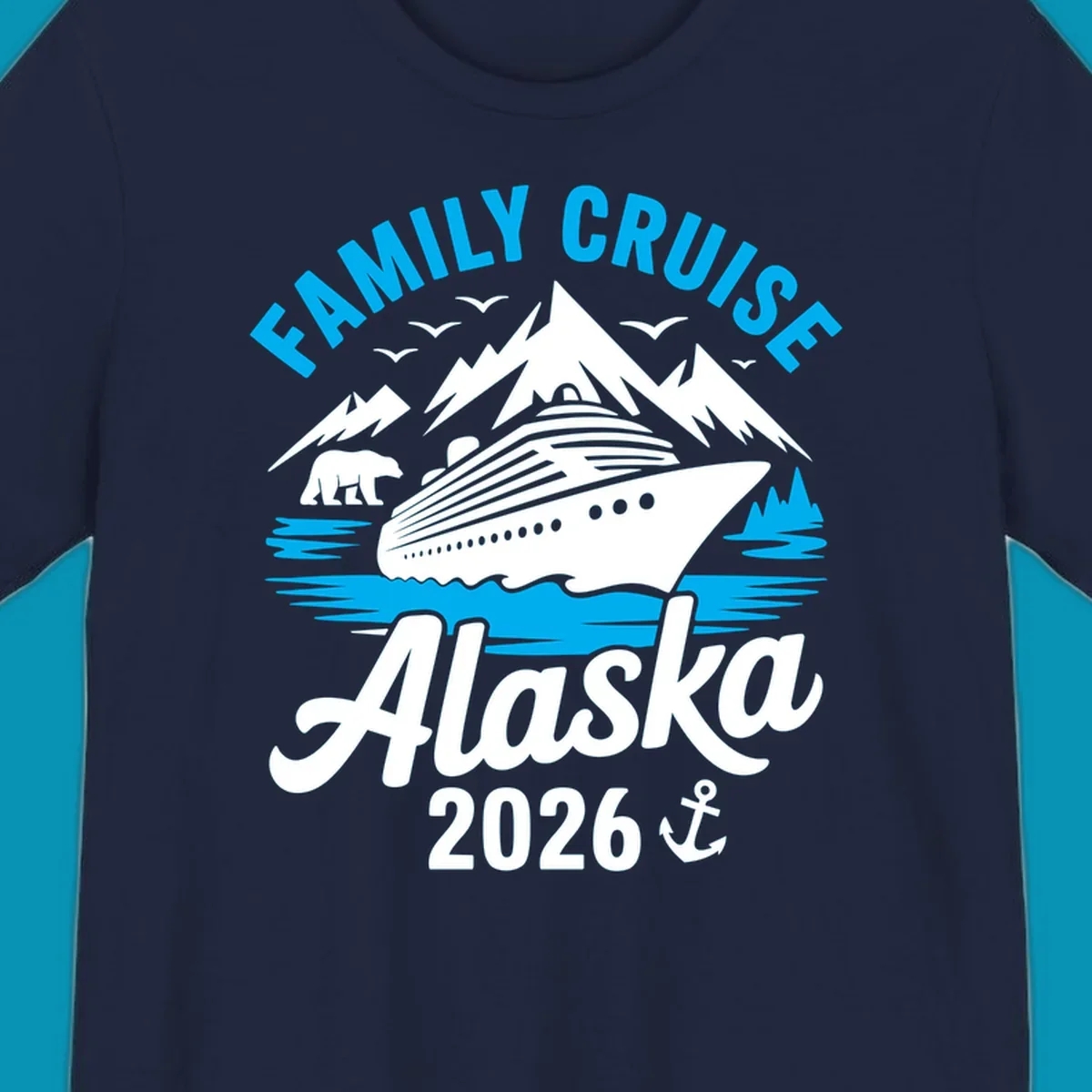 Family cruise Alaska scenic design with blue mountains, evergreen trees, and ocean waves framing the text
