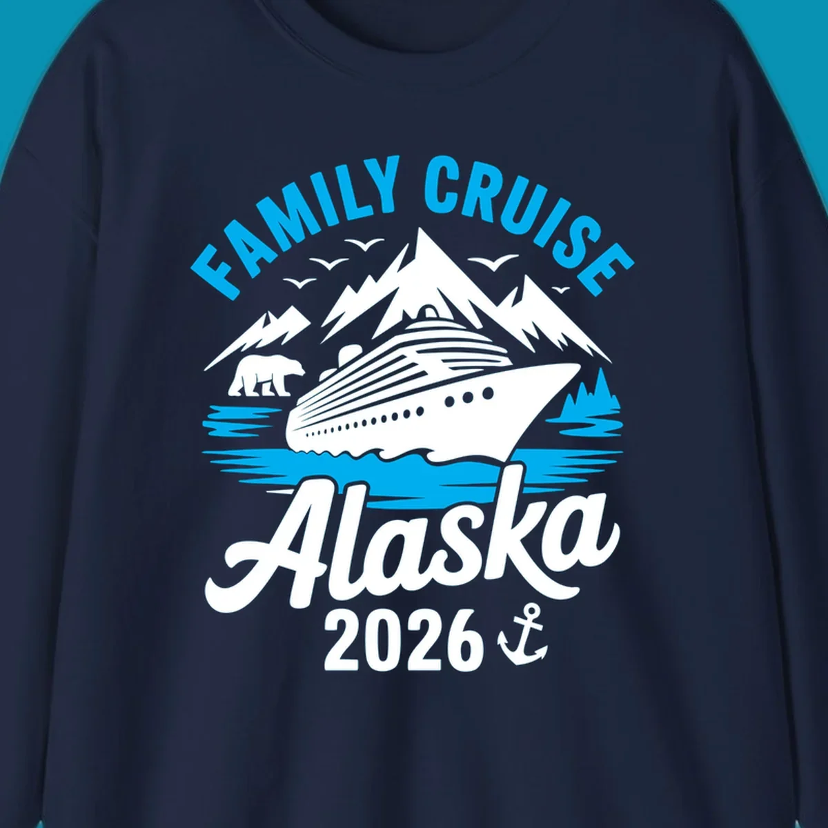 Family cruise Alaska scenic design with blue mountains, evergreen trees, and ocean waves framing the text