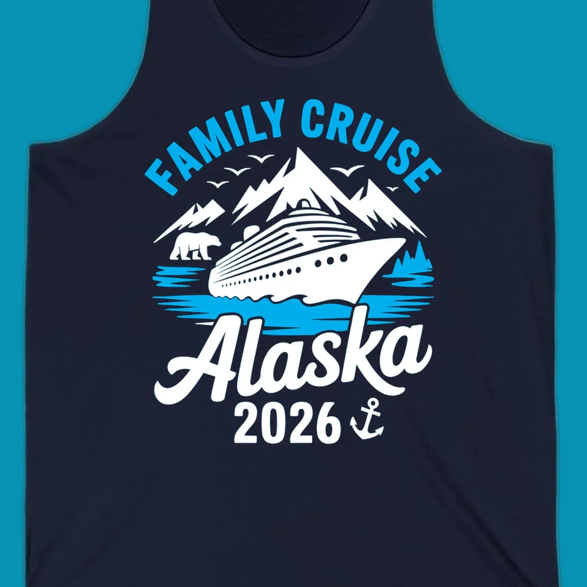Family cruise Alaska scenic design with blue mountains, evergreen trees, and ocean waves framing the text