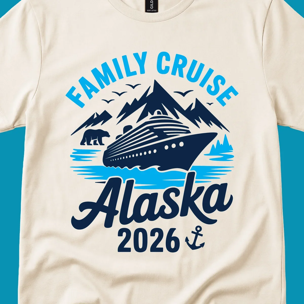 Family cruise Alaska scenic design with blue mountains, evergreen trees, and ocean waves framing the text
