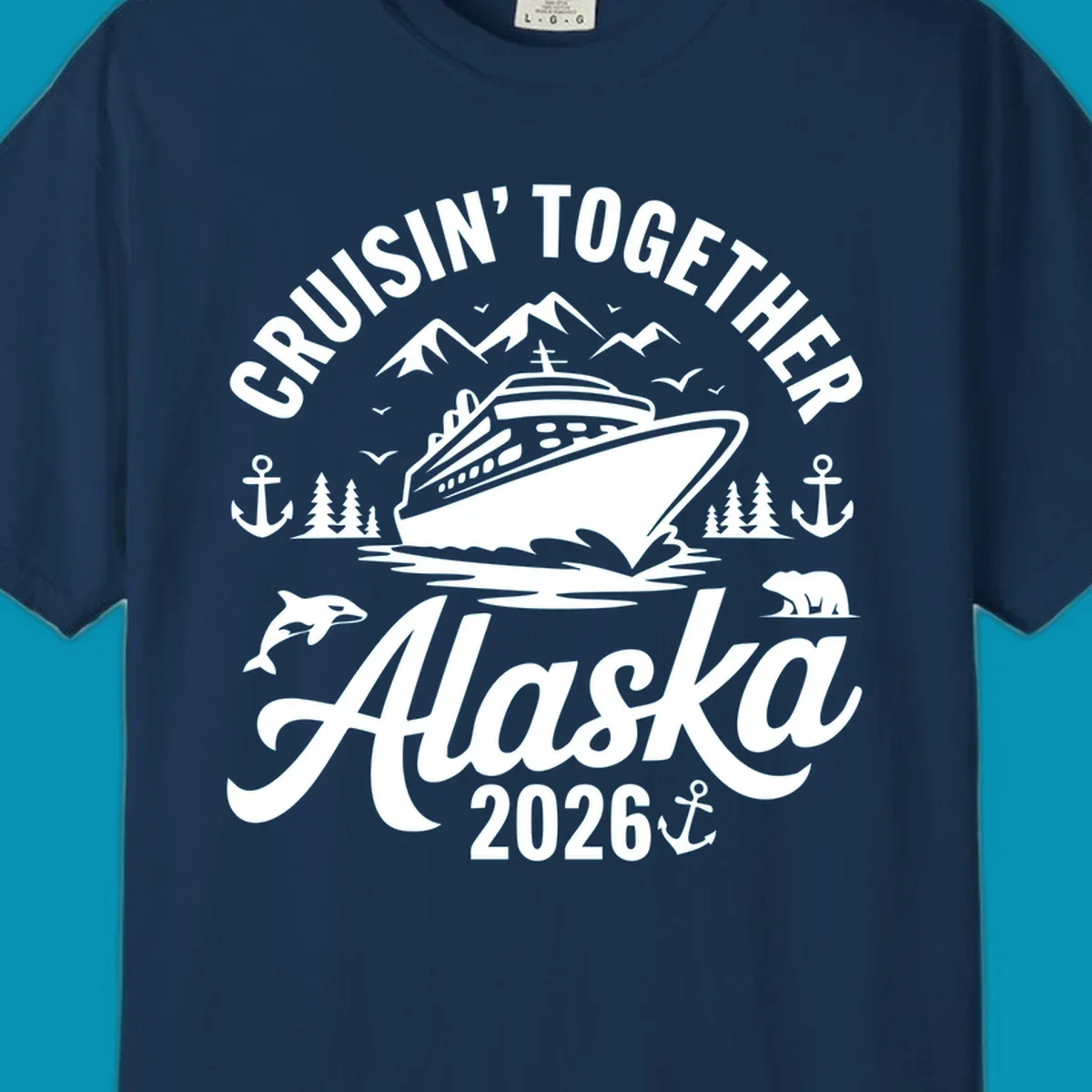 A graphic design for a cruisin-together-alaska-wildlife trip featuring a cruise ship, mountains, trees, bear, orca, and anchor.