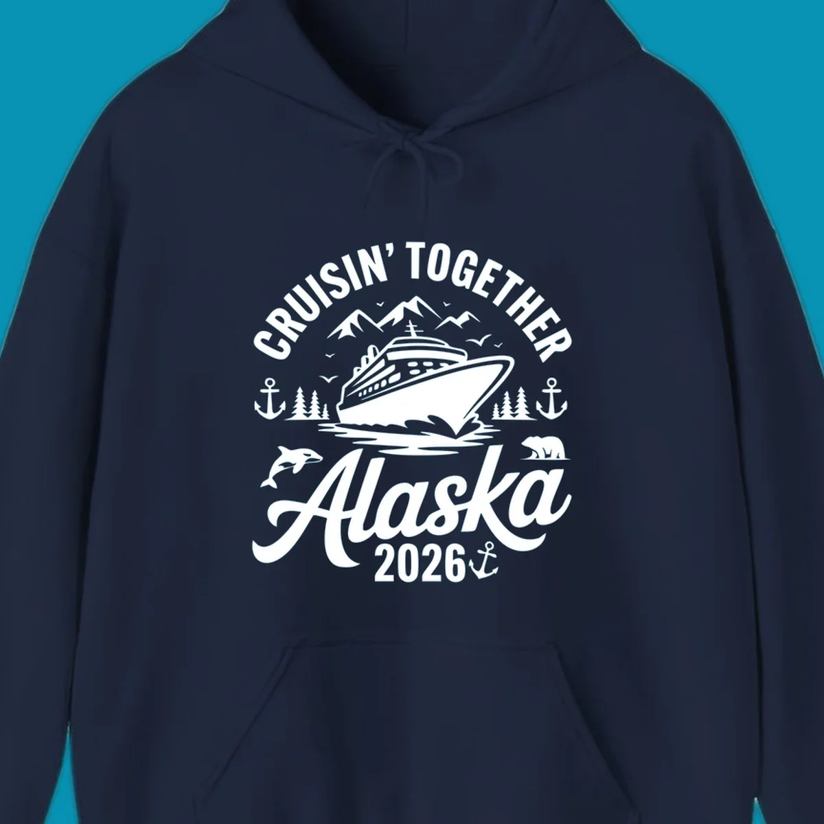 A graphic design for a cruisin-together-alaska-wildlife trip featuring a cruise ship, mountains, trees, bear, orca, and anchor.
