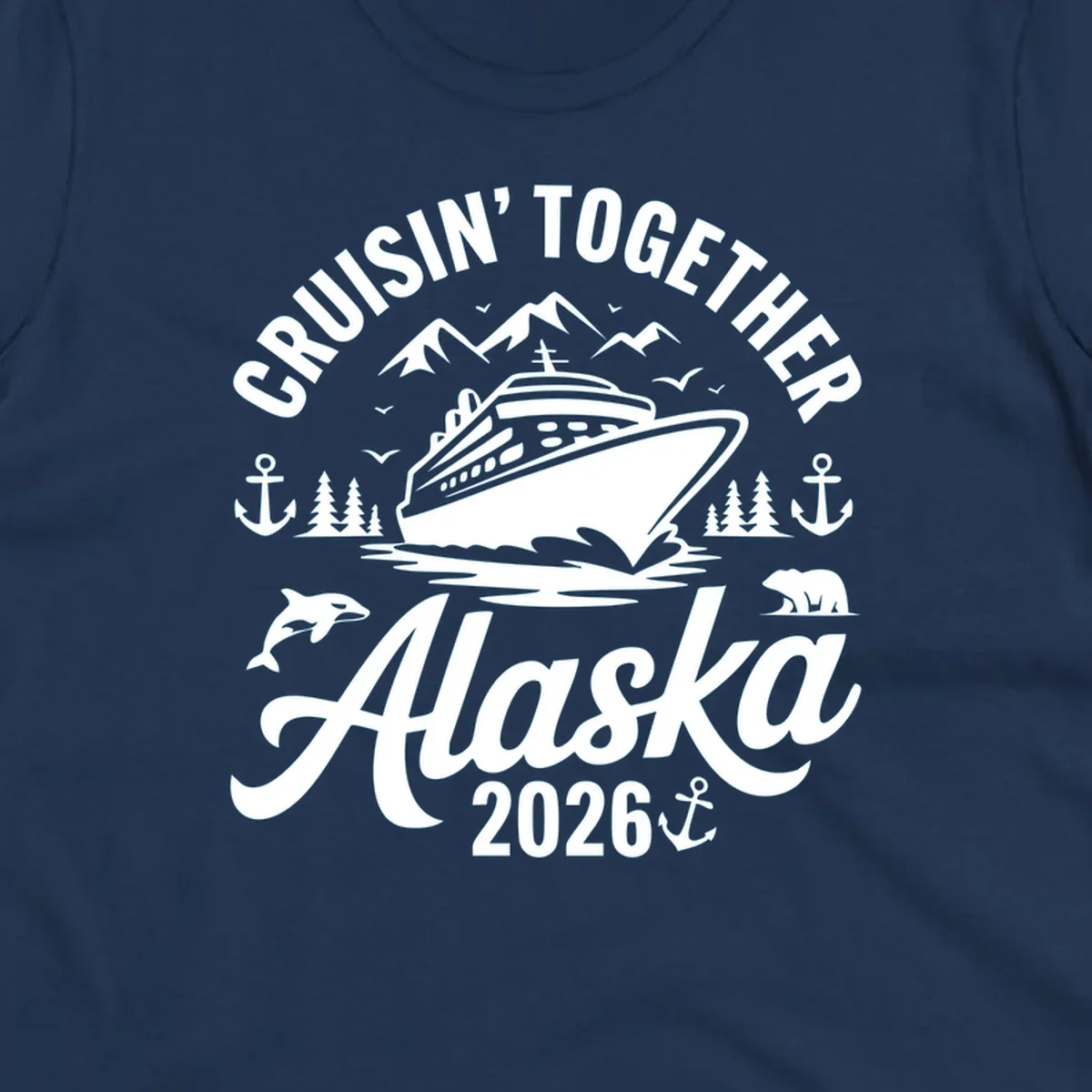 A graphic design for a cruisin-together-alaska-wildlife trip featuring a cruise ship, mountains, trees, bear, orca, and anchor.